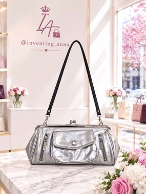 NINE WEST Metallic Silver Frame Clutch w/Kiss Lock and Crossbody Strap